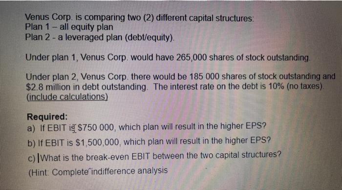  Venus Corp. is comparing two (2) different capital structures: Plan 1