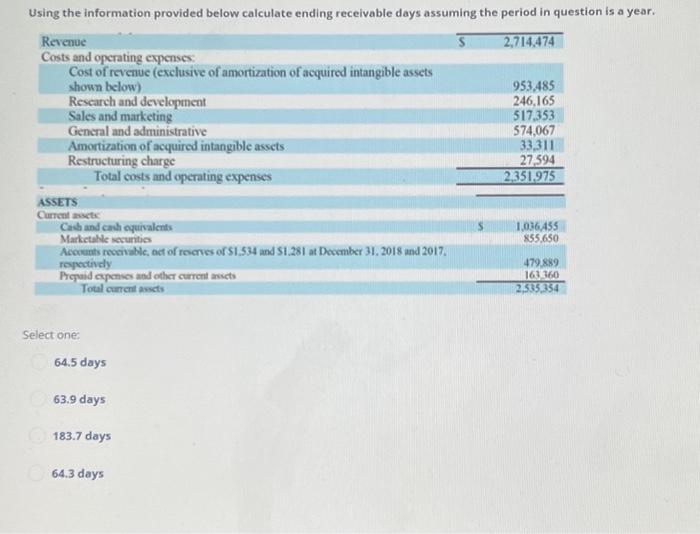 Using the information provided below calculate ending receivable days assuming the