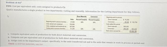  FIFO: Cost per equivalent unit; costs assigned to products C2 QualCo