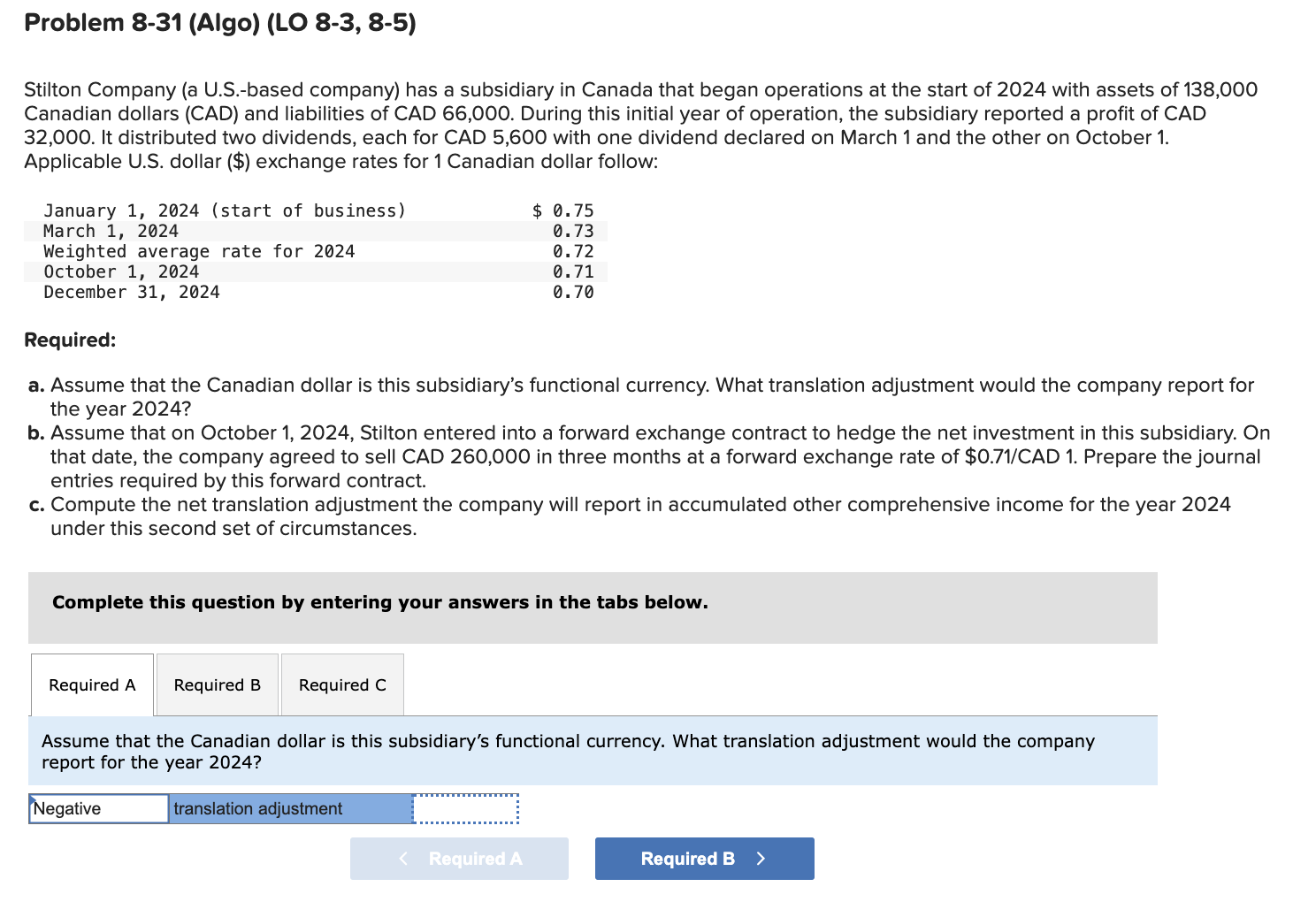  Problem 8-31(Algo)(LO 8-3,8-5) Stilton Company (a U.S.-based company) has a subsidiary