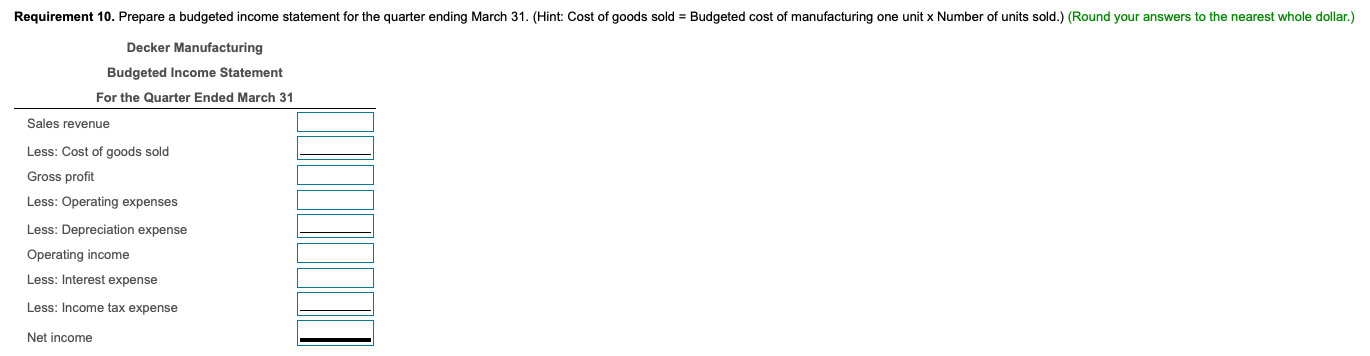 Selling price per unit.) Decker Manufacturing Production Budget For the Quarter Ended