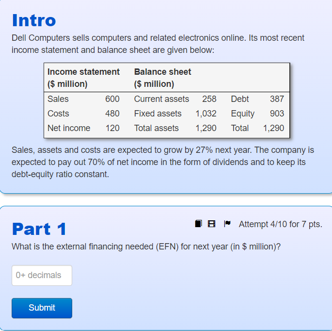  Dell Computers sells computers and related electronics online. Its most recent