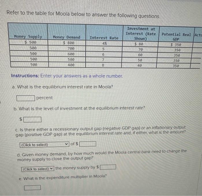  S Refer to the table for Moola below to answer the