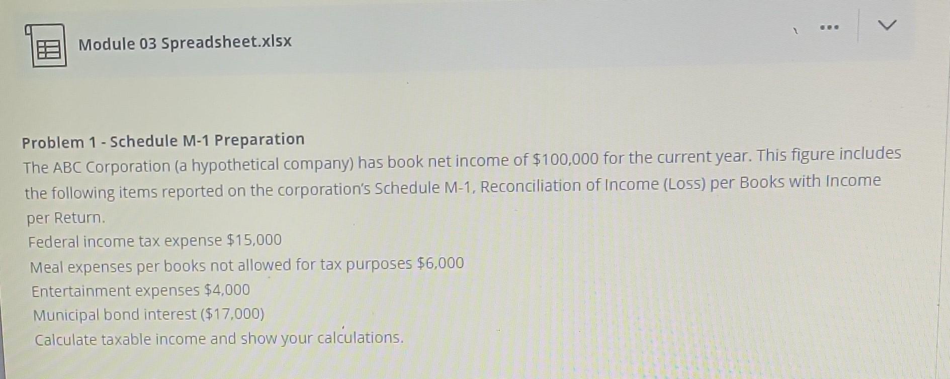  Module 03 Spreadsheet.x|sx Problem 1 - Schedule M-1 Preparation The ABC