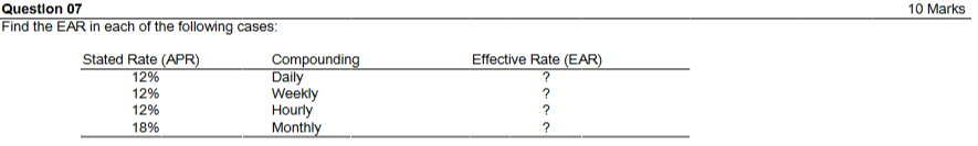 please answer correctly and asap 10 Marks Question 07 Find the EAR