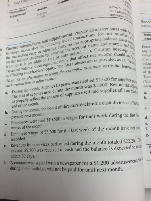  Record transactions and adjustments Prepare an answer sheet with the heading
