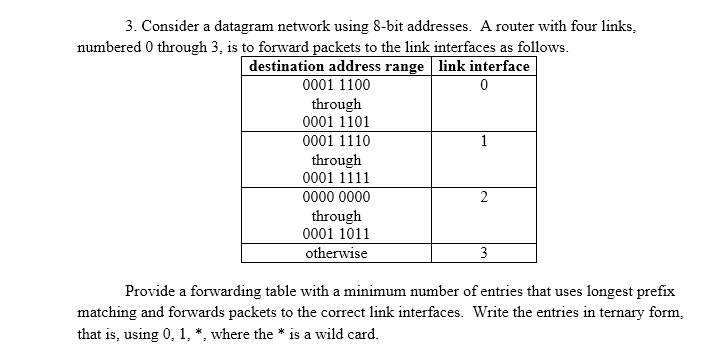 3. Consider a datagram network using 8-bit addresses. A router with
