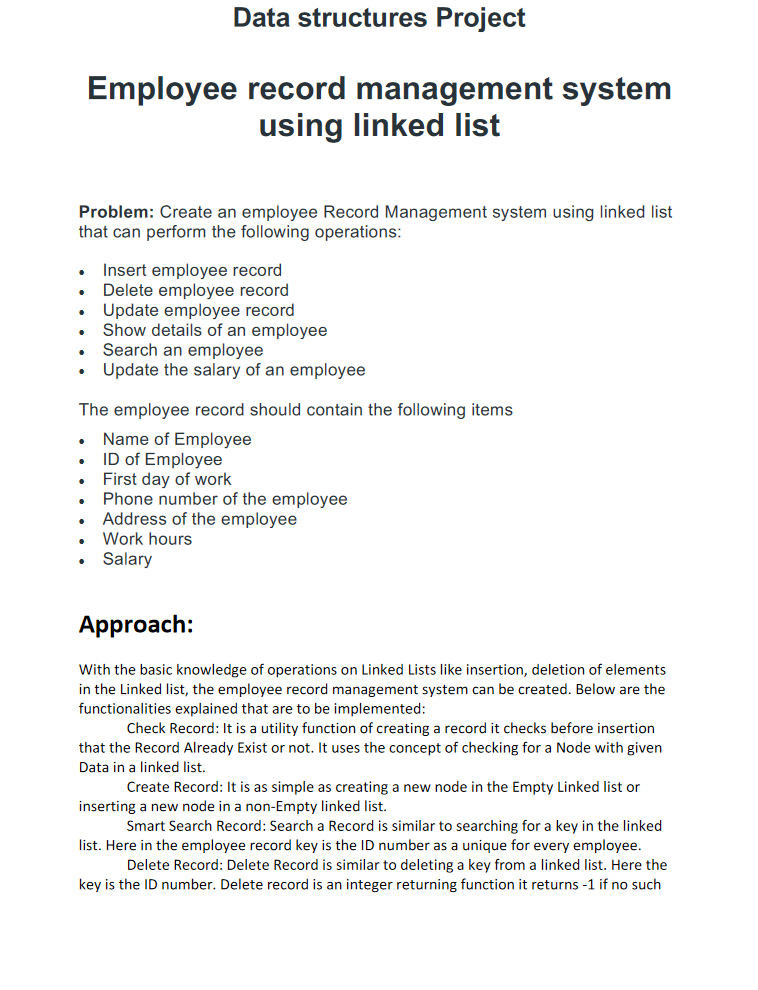 please help in java Employee record management system using linked list Problem: