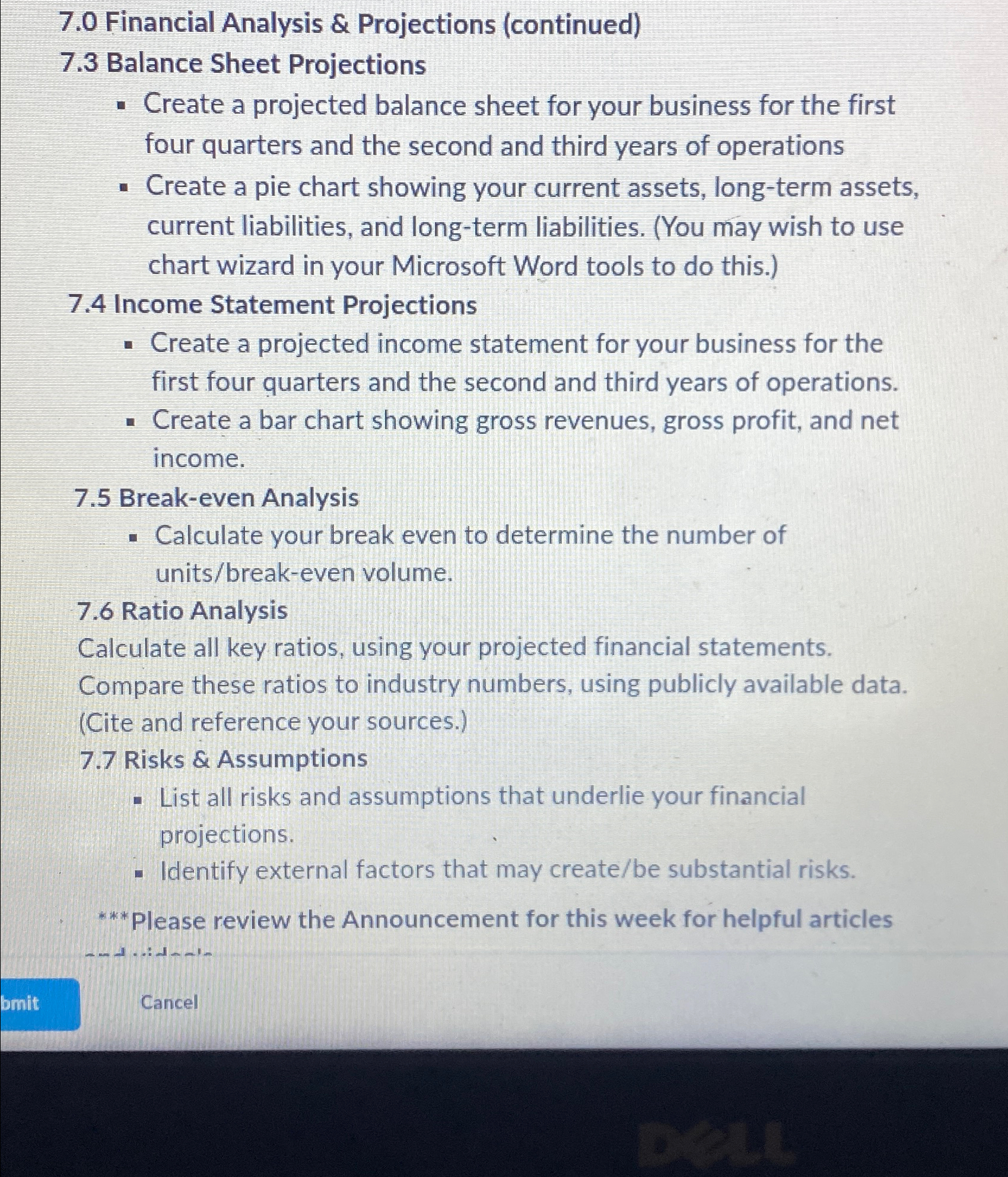  7.0 Financial Analysis & Projections (continued) 7.3 Balance Sheet Projections Create