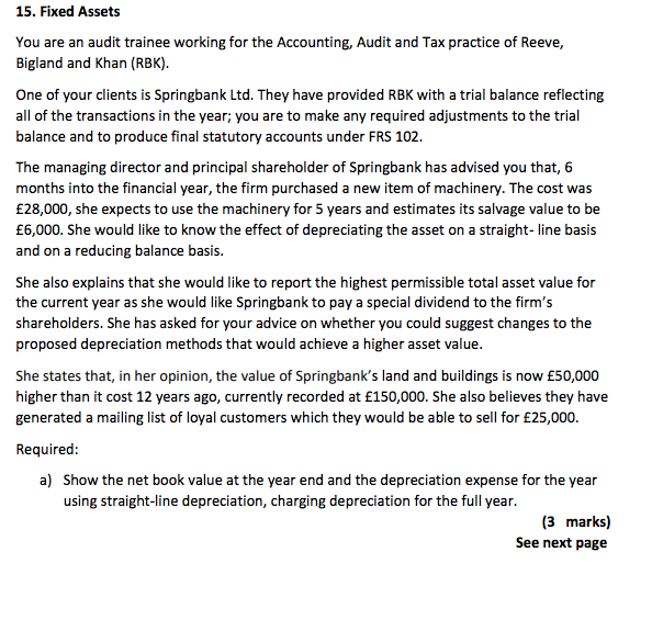  15. Fixed Assets You are an audit trainee working for the