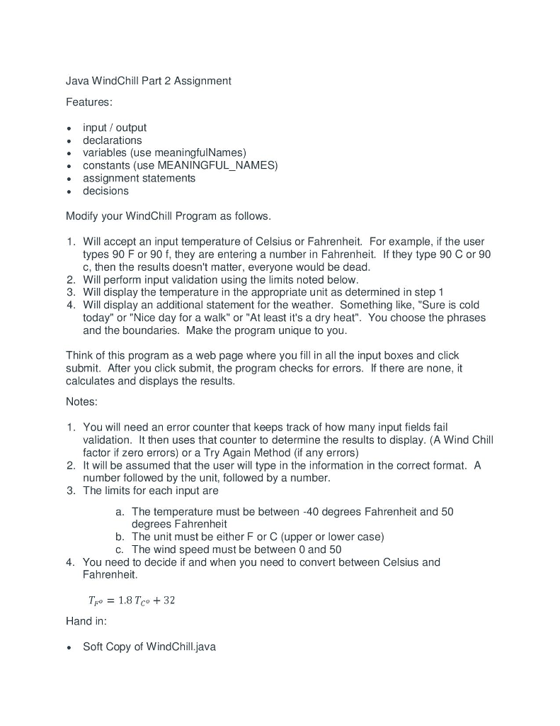 Java WindChill Part 2 Assignment Features input output declarations variables (use
