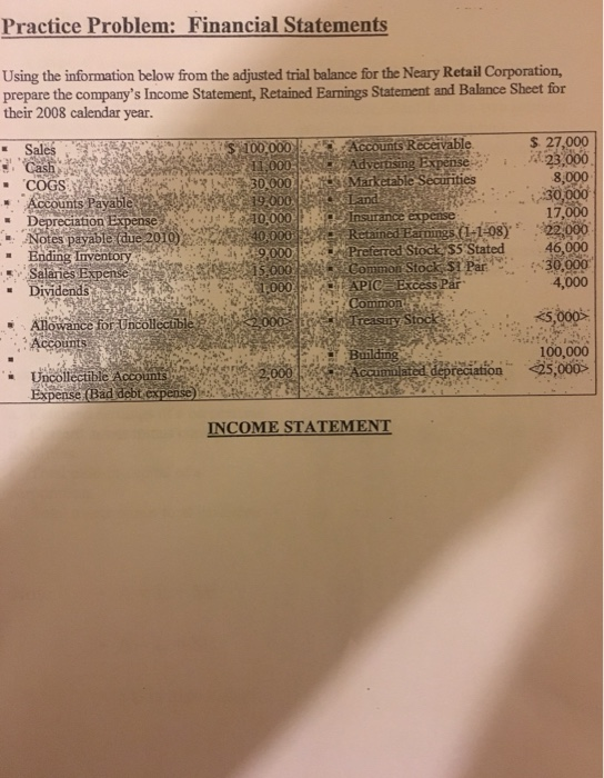 Practice Problem: Financial Statements Using the information below from the adjusted
