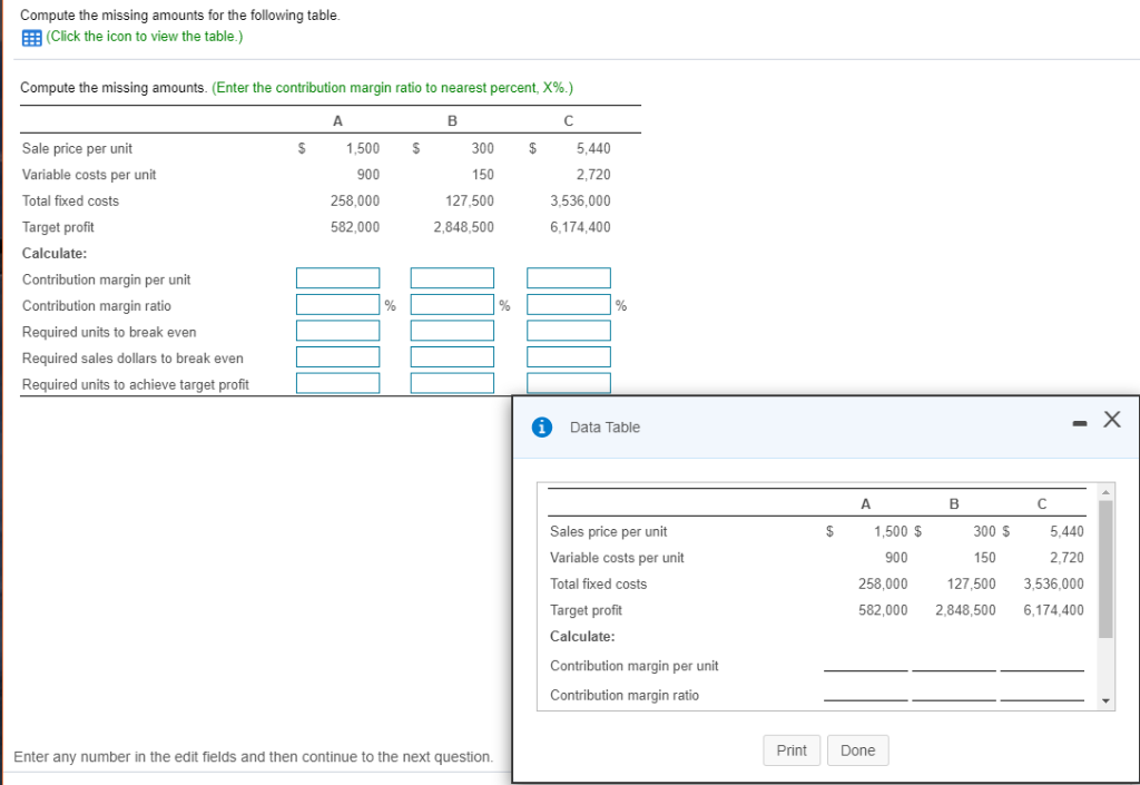  Compute the missing amounts for the following table EE (click the