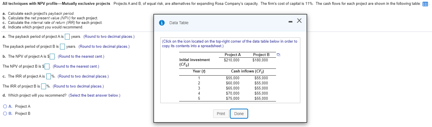  All techniques with NPV profileMutually exclusive projects Projects A and B,