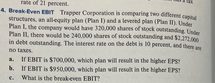  4. Break-Even EBIT Trapper Corporation is comparing two different capital structures,
