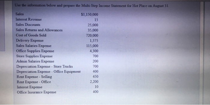  Use the information below and prepare the Multi-Step Income Statement for