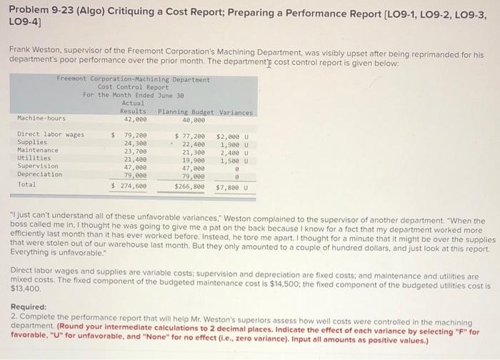  Problem 9-23 (Algo) Critiquing a Cost Report; Preparing a Performance Report