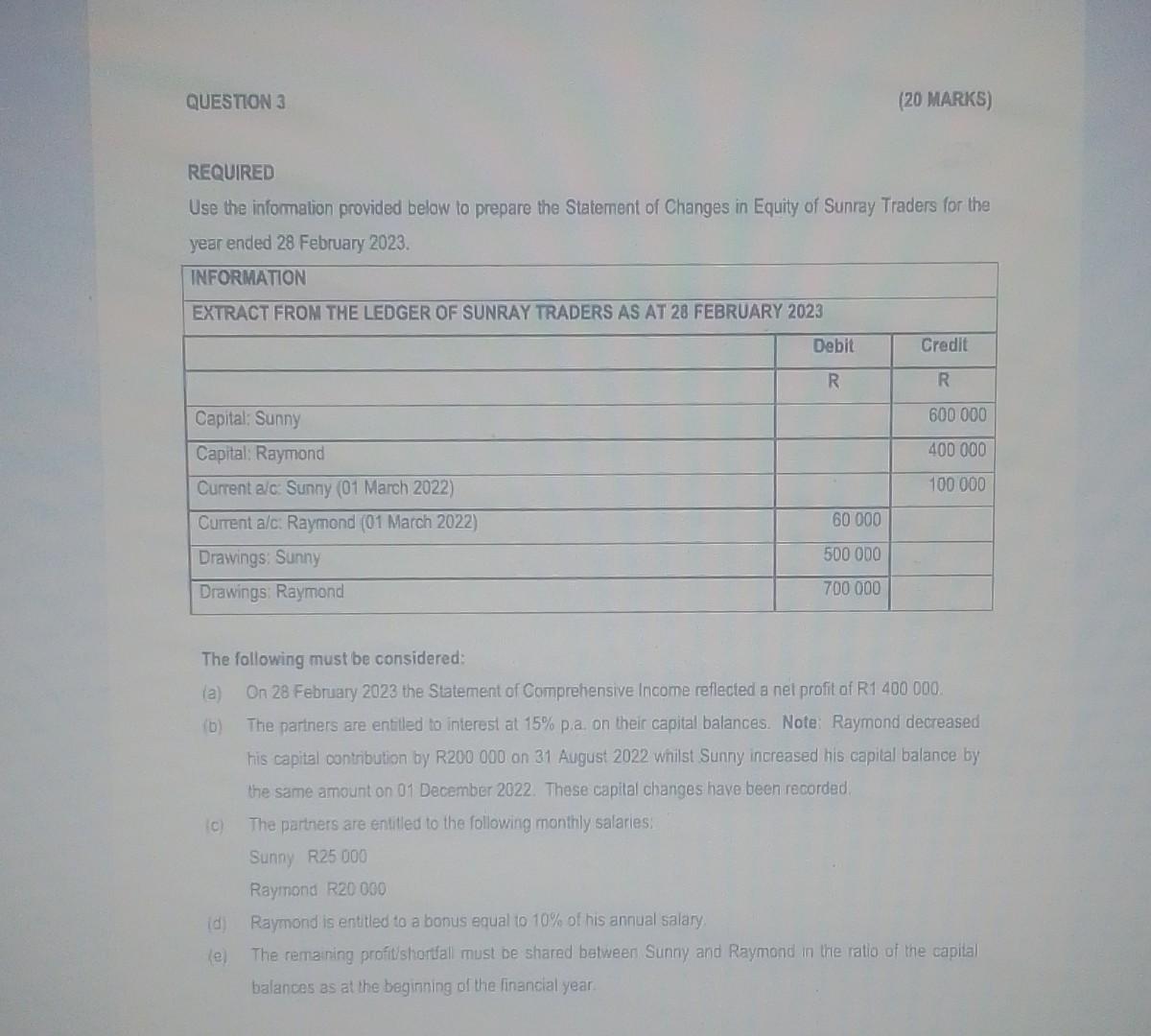  QUESTION 3 (20 MARKS) REQUIRED Use the informalion provided below to