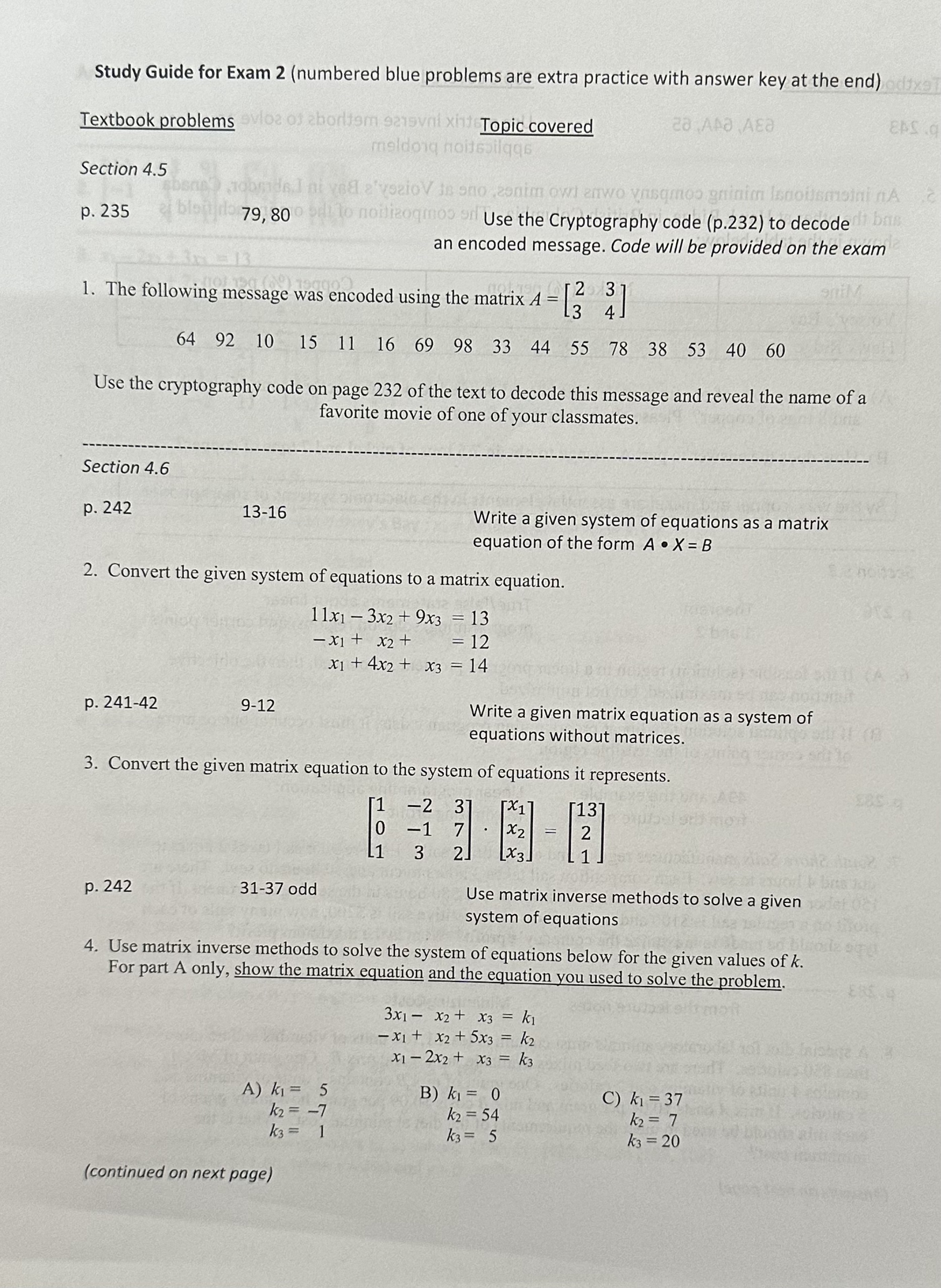  Study Guide for Exam 2(numbered blue problems are extra practice with