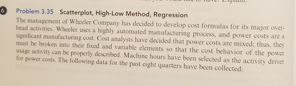  Problem 3.35 Scatterplot, High-Low Method, Regression The management of Wheeler Company