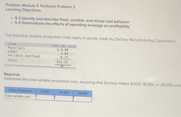  Problem: Module 5 Textbook Problem 2 Learning Objectives: - 5-3 Identify