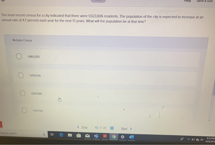  Help Save & Exit The most recent census for a city