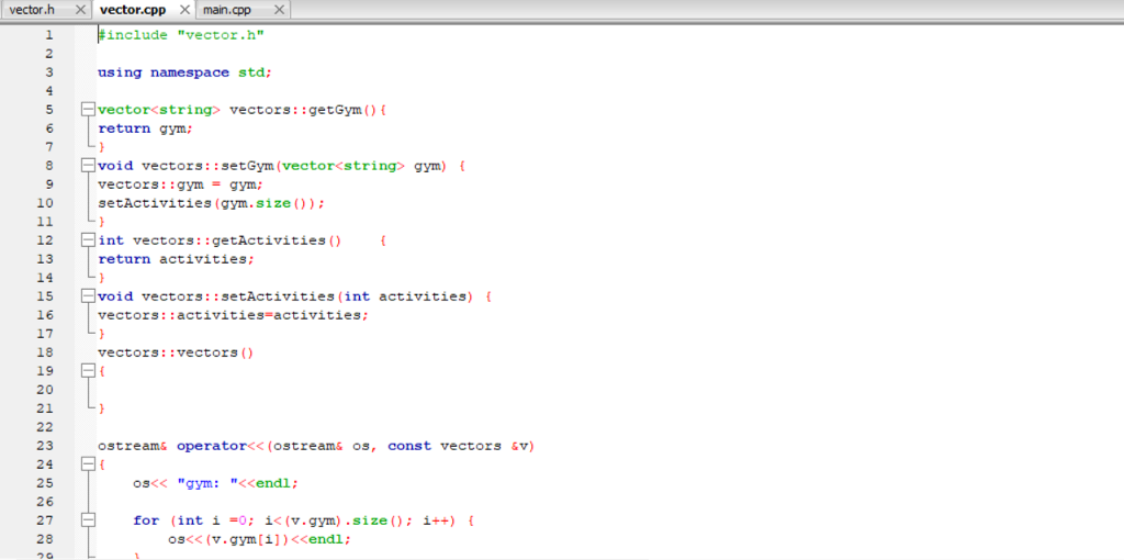 activities shows up correctly. please show in ide vector.h X vector.cppX main.cpp