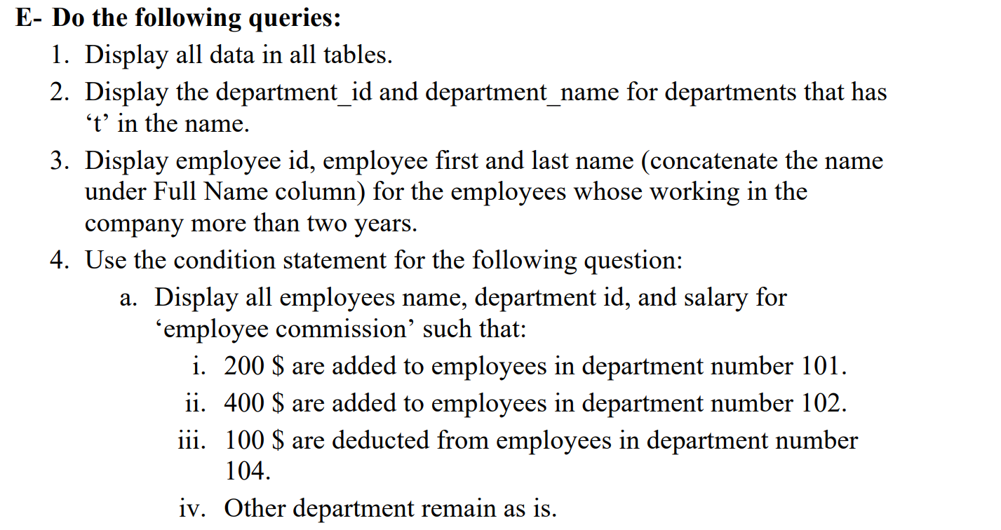 Write the following queries in SQL These are the tables :) E-