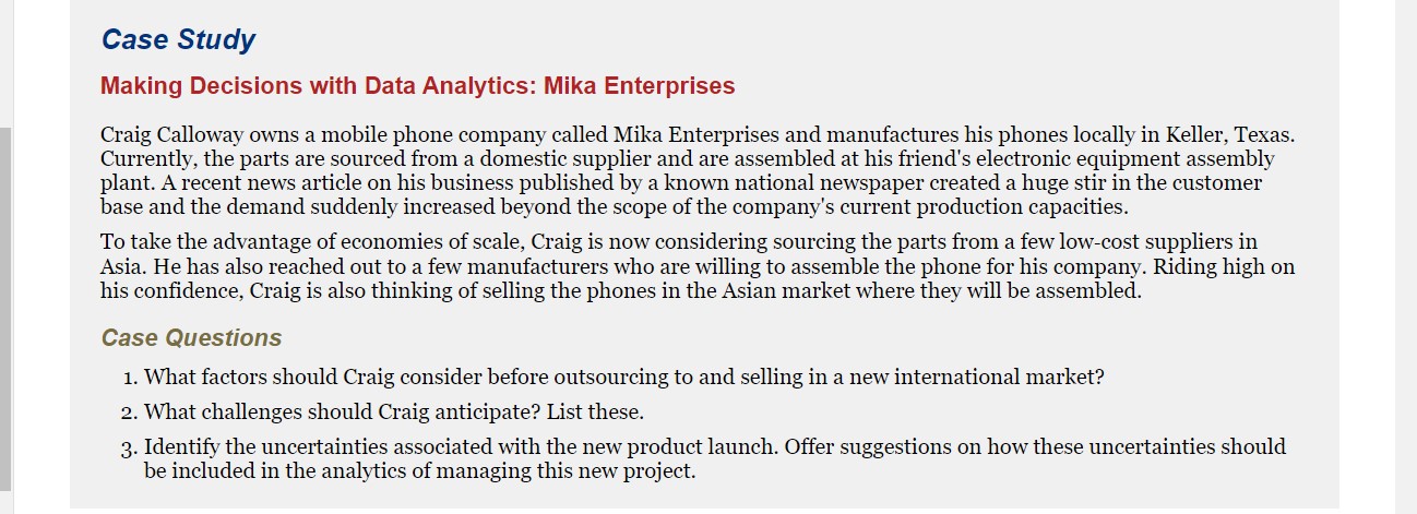  Case Study Making Decisions with Data Analytics: Mika Enterprises Craig Calloway