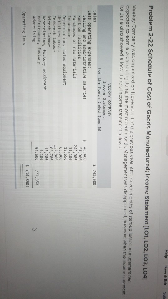 Help Save & Exit Sub Problem 2-22 Schedule of Cost of
