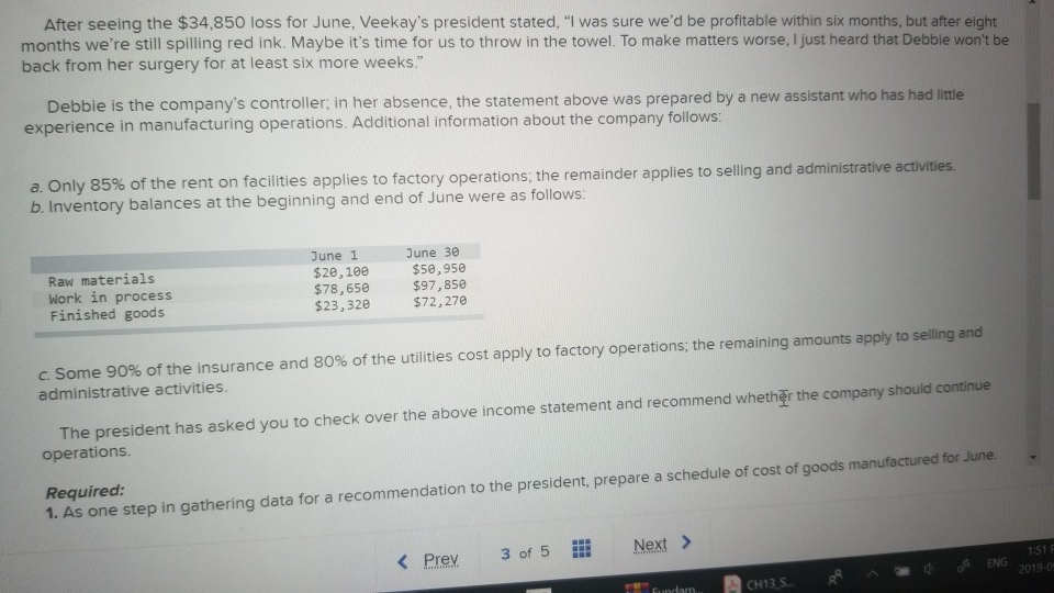 Goods Manufactured; Income Statement (LO1, LO2, LO3, L04] Veekay Company was organized