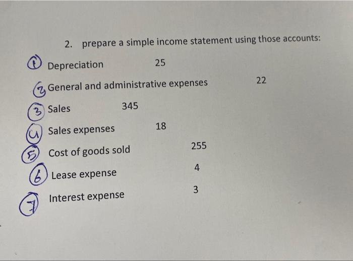  2. prepare a simple income statement using those accounts