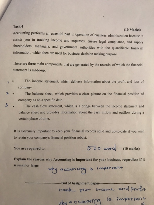  Task 4 (10 Marks) Accounting performs an essential part in operation