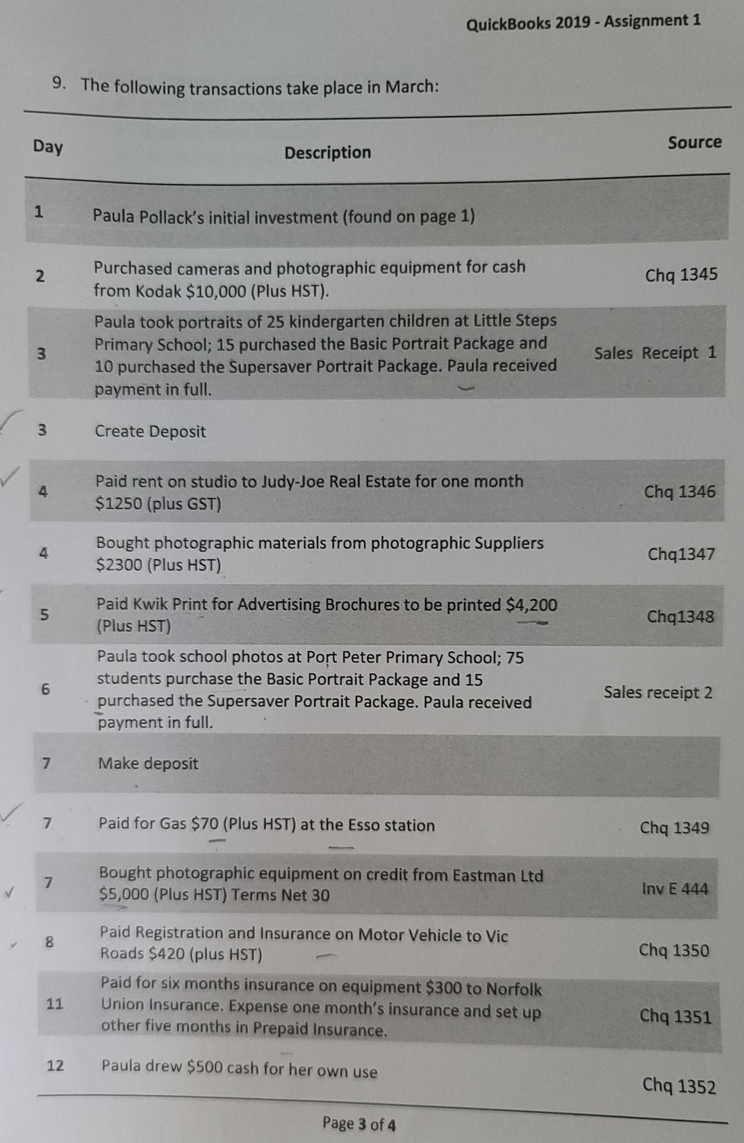 QuickBooks 2019 - Assignment 1 9. The following transactions take place