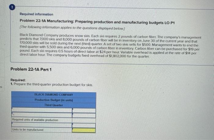  Required information Problem 22.1A Manufacturing: Preparing production and manufacturing budgets LO