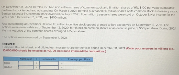 please help!! On December 31, 2020. Berclair Inc. had 400 million shares