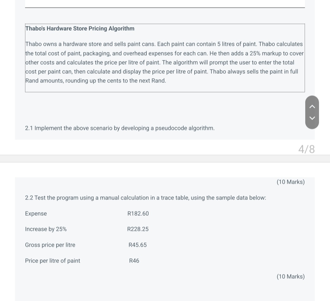  Thabo's Hardware Store Pricing Algorithm Thabo owns a hardware store and