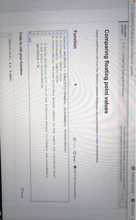  4.10: Comparing floating point numbers for equality E zyBooks catalog Help/FAQ