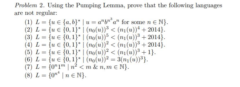 Problem 2. Using the Pumping Lemma, prove that the following languages