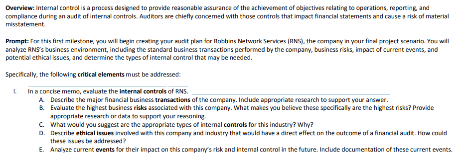 Prompt: For this first milestone, you will begin creating your audit plan