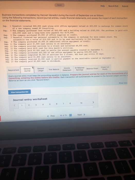  Help Save &Exit Submit Buslness transactions completed by Hannah Venedict during