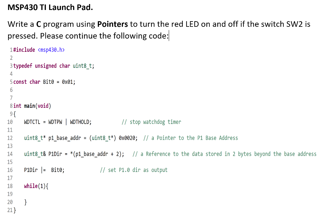 MSP430 TI Launch Pad. Write a C program using Pointers to