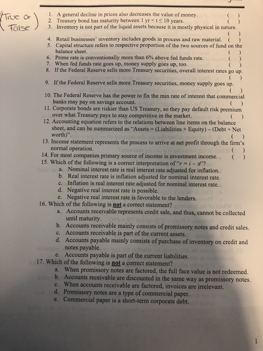  True or False 1. A general decline in prices also decreases