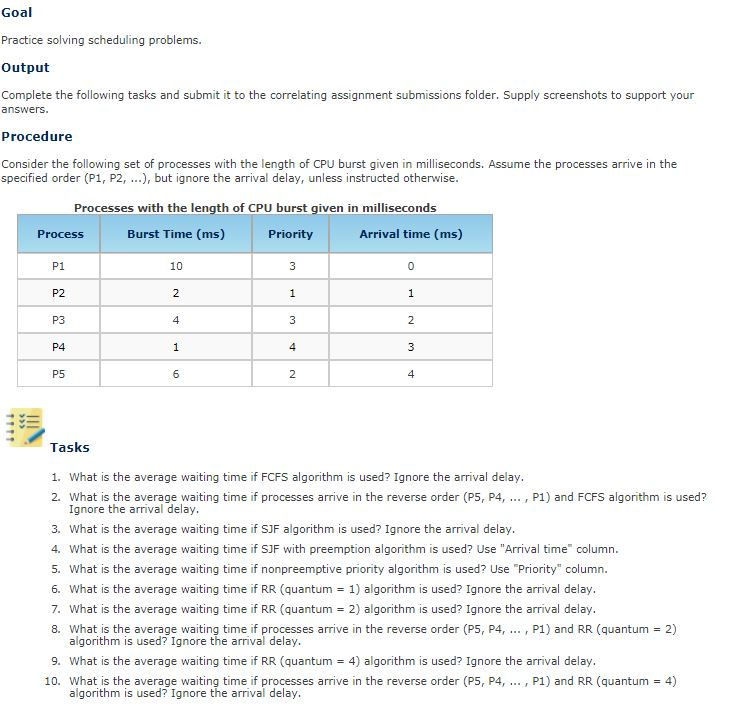  Goal Practice solving scheduling problems. Output Complete the following tasks and