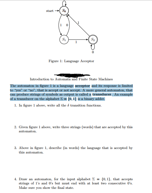  Please help the automaton problem. Si Figure 1: Language Acceptor Introduction