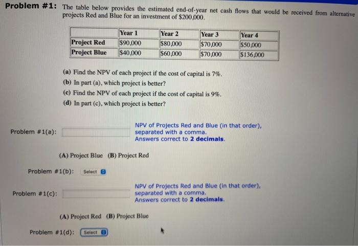  Problem #1: The table below provides the estimated end-of-year net cash