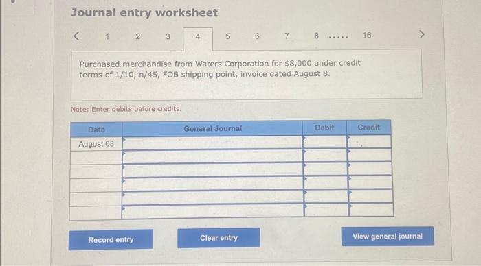merchandise from Aron Company for $9,000 under credit terms of 1/10,n/30,FOB destination,