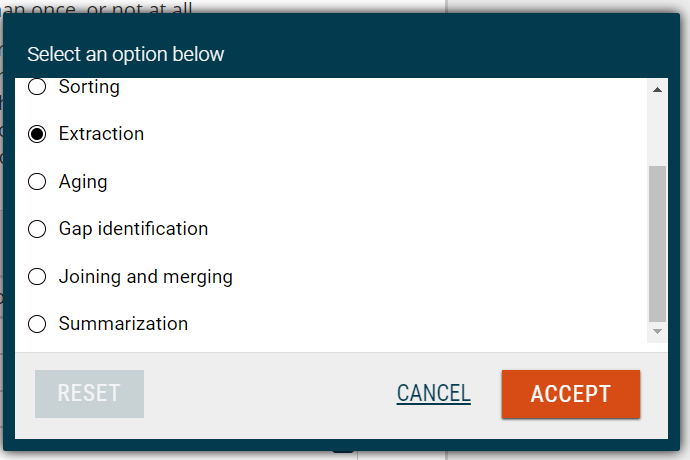  Aging Gap identification Joining and merging Summarization Select an option below