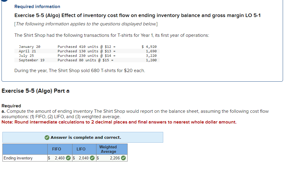Need help finding the answer to B Required information Exercise 5-5 (Algo)