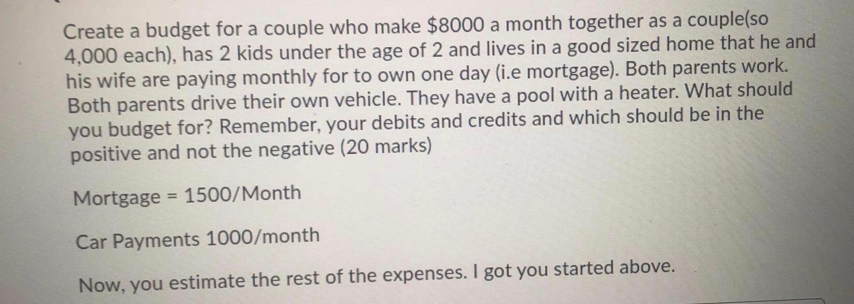  Create a budget for a couple who make $8000 a month